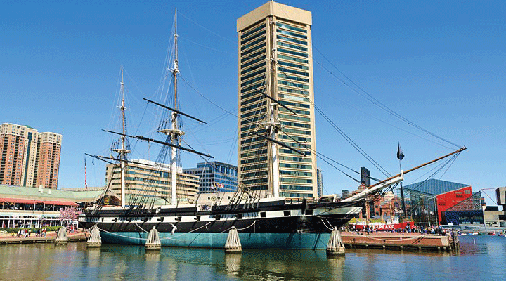 Baltimore Inner Harbor boardwalk and historic ships